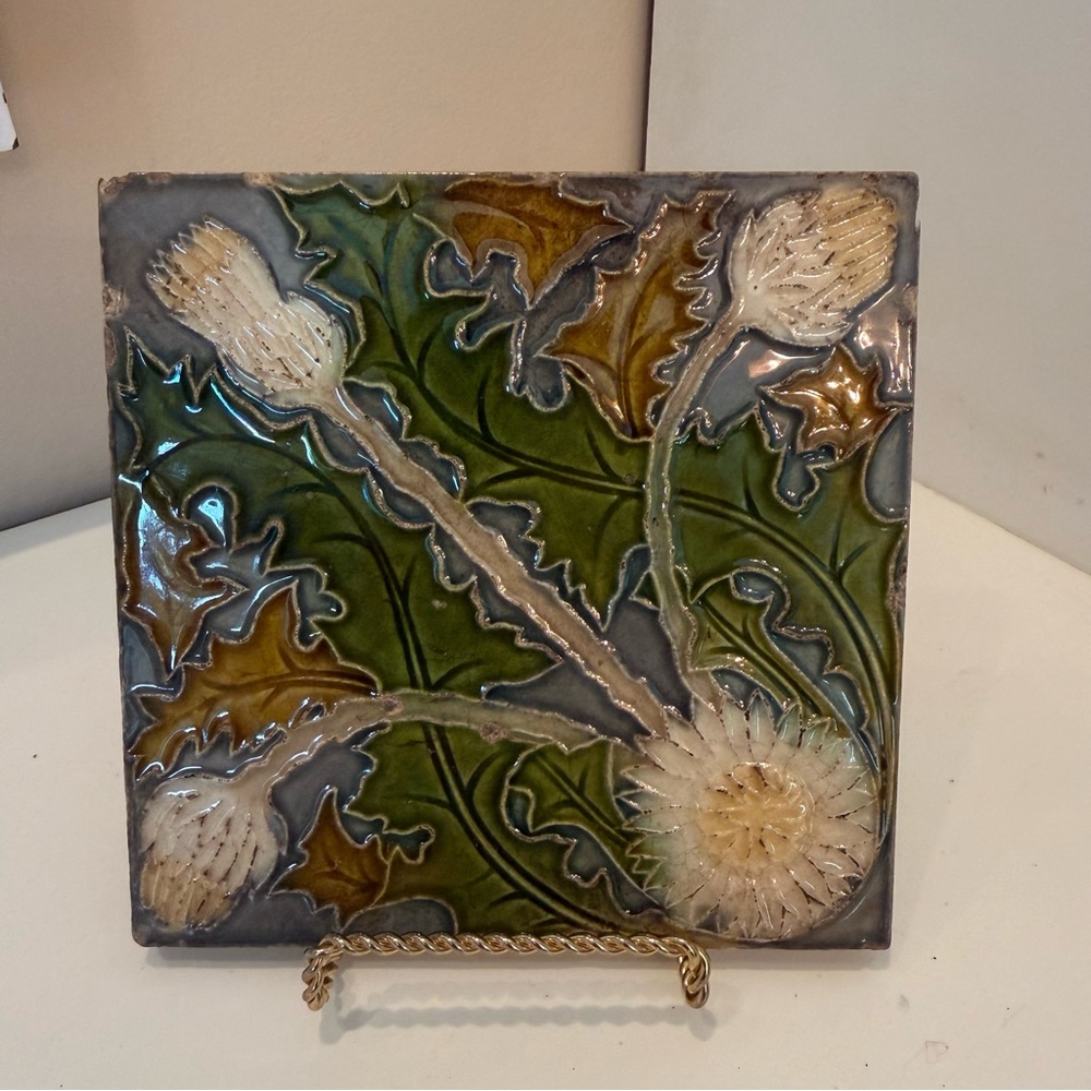 Antique Hamilton Art Nouveau Majolica Relief Tile Thistle Floral 6x6